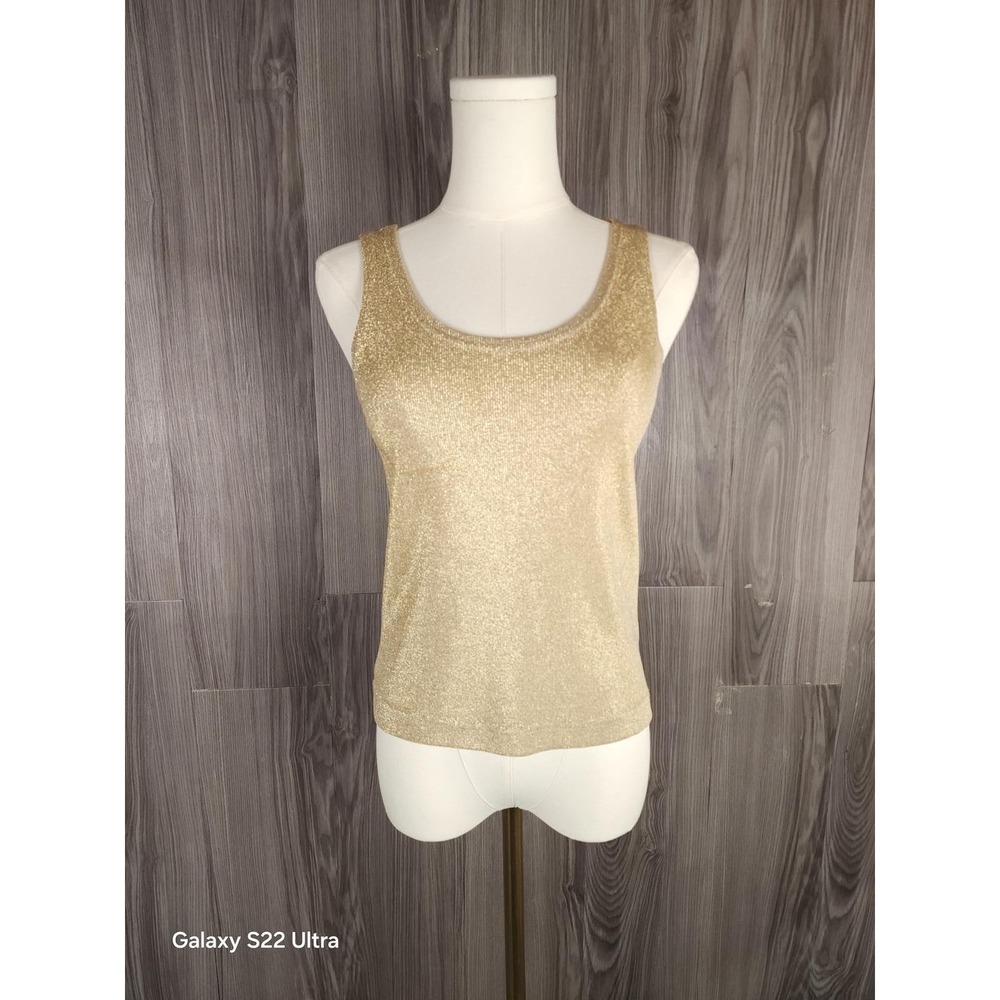 Cache Vintage Metallic Gold Lurex Knit Tank Top Scoop Neck Sleeveless Small